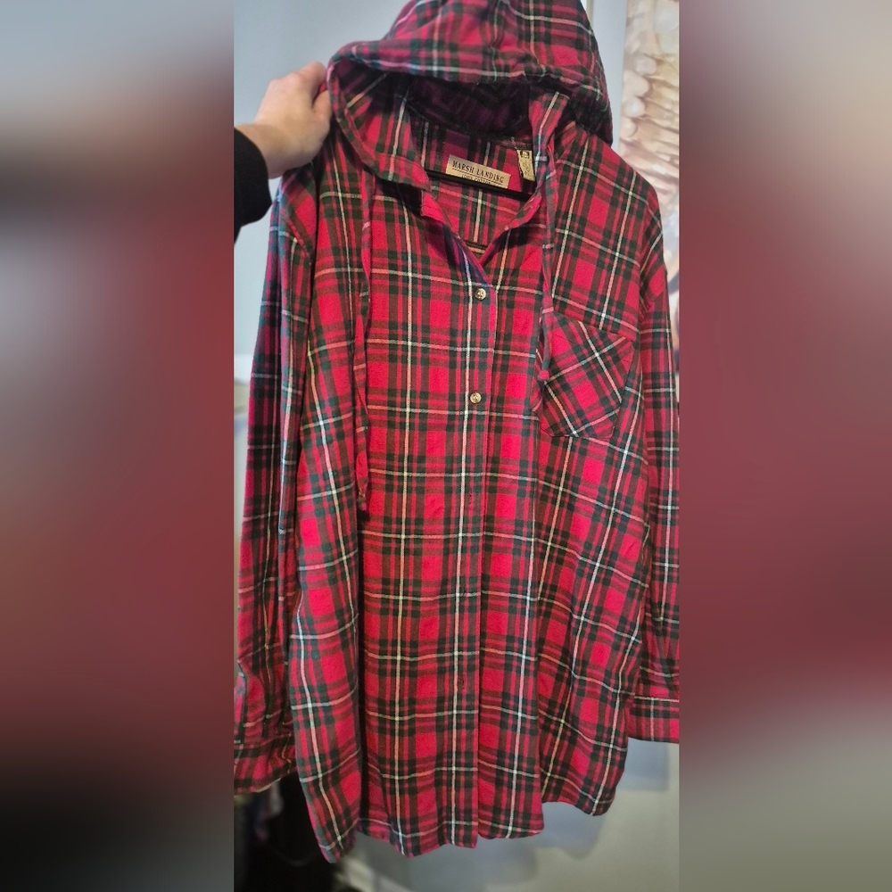 Vintage Marsh Landing Red & Green Plaid Hooded Flannel Button Up Shirt/Jacket LG